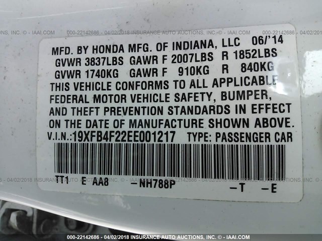 19XFB4F22EE001217 - 2014 HONDA CIVIC HYBRID WHITE photo 9