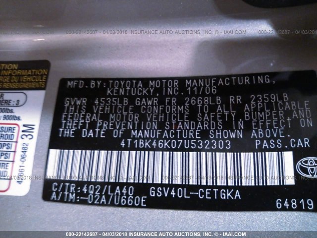 4T1BK46K07U532303 - 2007 TOYOTA CAMRY NEW GENERAT LE/XLE/SE GOLD photo 9