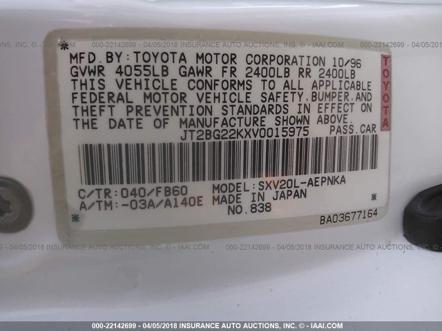 JT2BG22KXV0015975 - 1997 TOYOTA CAMRY LE/XLE თეთრი ფოტო 9