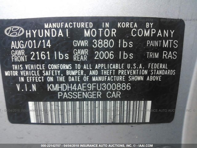 KMHDH4AE9FU300886 - 2015 HYUNDAI ELANTRA SE/SPORT/LIMITED SILVER photo 9