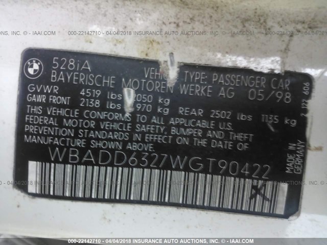 WBADD6327WGT90422 - 1998 BMW 528 I AUTOMATIC WHITE photo 9