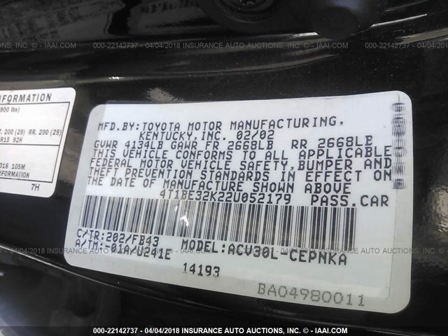 4T1BE32K22U052179 - 2002 TOYOTA CAMRY LE/XLE/SE BLACK photo 9