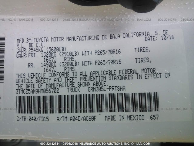 3TMCZ5AN9HM056702 - 2017 TOYOTA TACOMA DBL CAB/SR/TRDSPT/OR/PRO თეთრი ფოტო 9