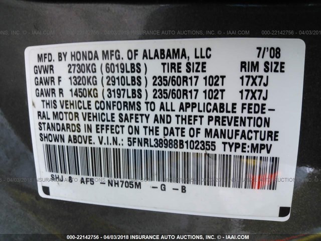 5FNRL38988B102355 - 2008 HONDA ODYSSEY TOURING GRAY photo 9