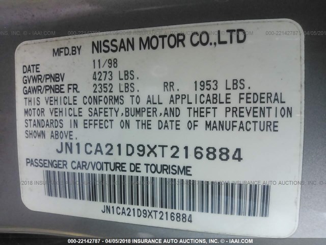 JN1CA21D9XT216884 - 1999 NISSAN MAXIMA GLE/GXE/SE GRAY photo 9