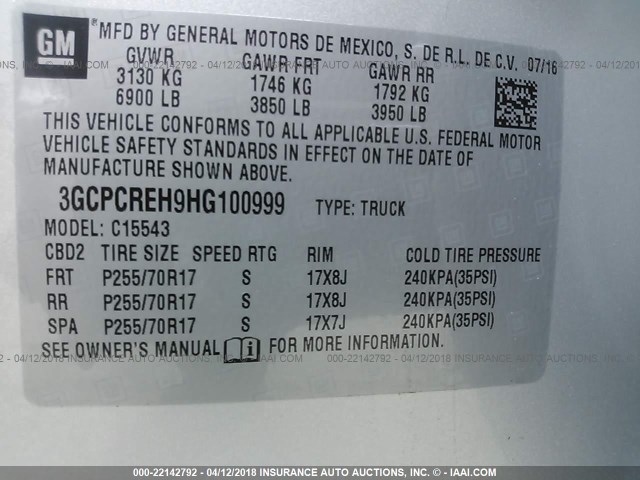 3GCPCREH9HG100999 - 2017 CHEVROLET SILVERADO C1500 LT SILVER photo 9