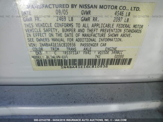 1N4BA41E16C810936 - 2006 NISSAN MAXIMA SE/SL WHITE photo 9