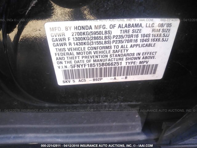 5FNYF18515B066251 - 2005 HONDA PILOT EXL BLACK photo 9