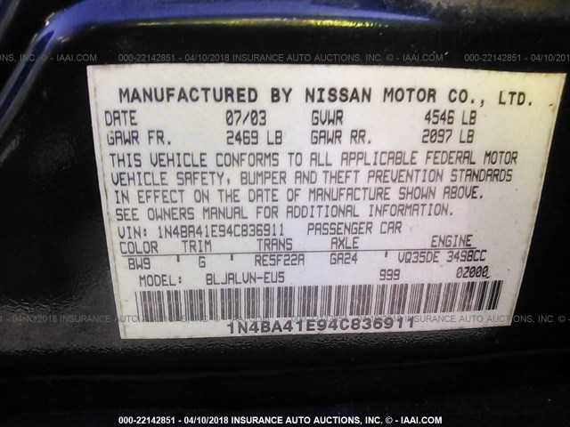 1N4BA41E94C836911 - 2004 NISSAN MAXIMA SE/SL BLUE photo 9