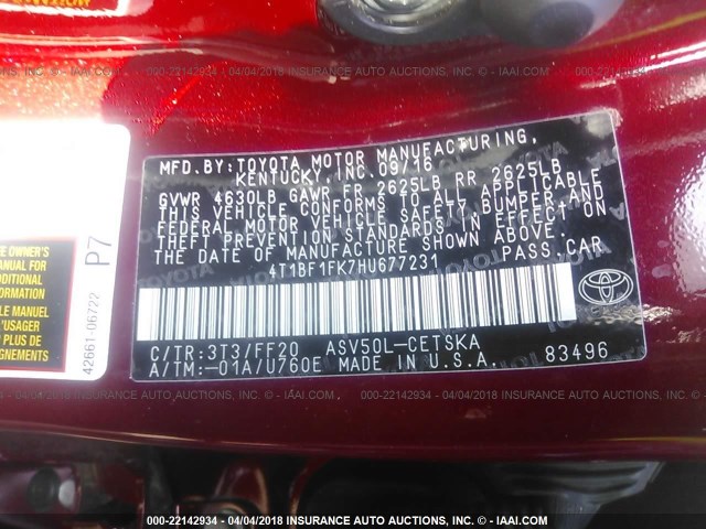 4T1BF1FK7HU677231 - 2017 TOYOTA CAMRY LE/XLE/SE/XSE RED photo 9