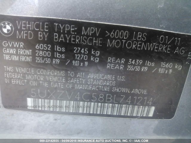 5UXZV4C58BL741214 - 2011 BMW X5 XDRIVE35I GRAY photo 9