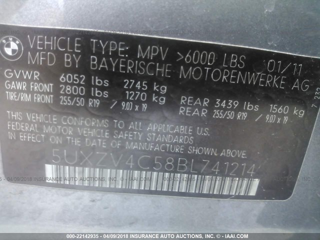 5UXZV4C58BL741214 - 2011 BMW X5 XDRIVE35I Сұр фото 9