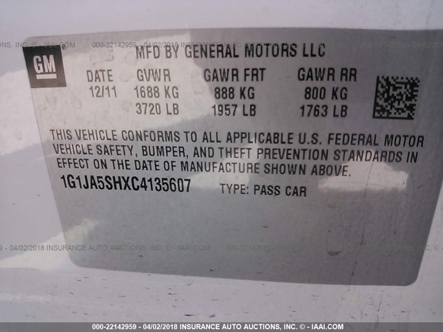 1G1JA5SHXC4135607 - 2012 CHEVROLET SONIC LS 白色 照片 9