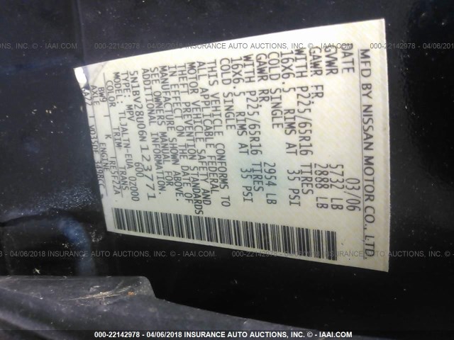 5N1BV28U06N123771 - 2006 NISSAN QUEST S/SE/SL ლურჯი ფოტო 9