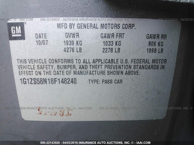 1G1ZS58N18F148240 - 2008 CHEVROLET MALIBU LS 灰色 照片 9