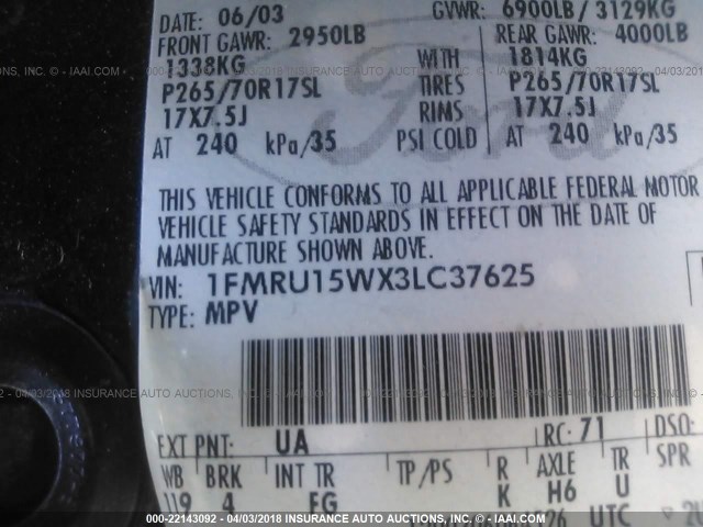 1FMRU15WX3LC37625 - 2003 FORD EXPEDITION XLT შავი ფოტო 9