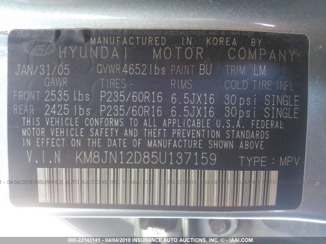 KM8JN12D85U137159 - 2005 HYUNDAI TUCSON GLS/LX GREEN photo 9