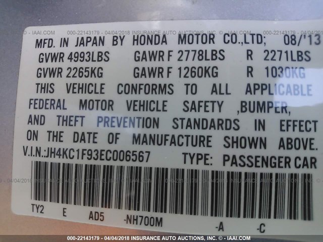 JH4KC1F93EC006567 - 2014 ACURA RLX ADVANCE SILVER photo 9