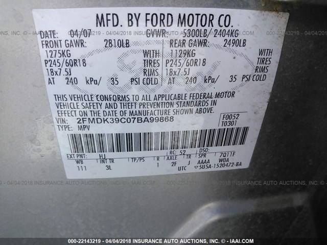 2FMDK39C07BA99868 - 2007 FORD EDGE SEL PLUS SILVER photo 9