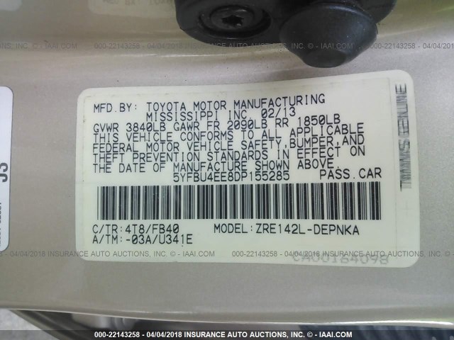 5YFBU4EE8DP155285 - 2013 TOYOTA COROLLA S/LE ოქროსფერი ფოტო 9