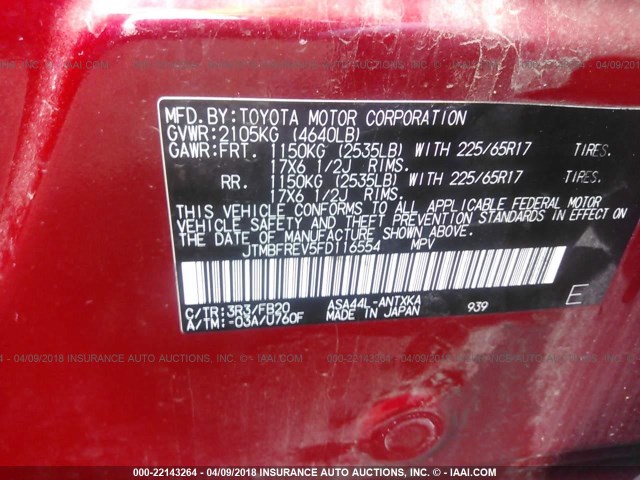 JTMBFREV5FD116554 - 2015 TOYOTA RAV4 LE RED photo 9