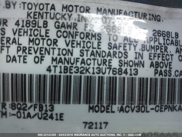 4T1BE32K13U768413 - 2003 TOYOTA CAMRY LE/XLE/SE ლურჯი ფოტო 9