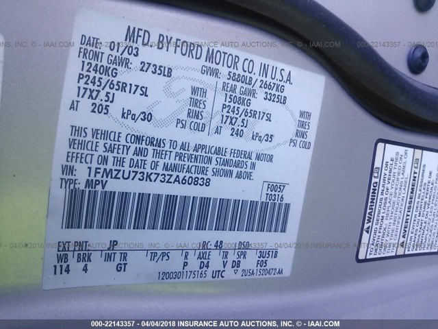 1FMZU73K73ZA60838 - 2003 FORD EXPLORER XLT/XLT SPORT/NBX SILVER photo 9