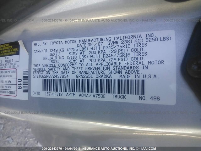 5TETU62N87Z437834 - 2007 TOYOTA TACOMA PRERUNNER ACCESS CAB SILVER photo 9