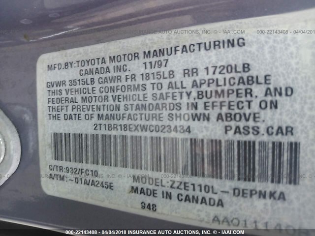 2T1BR18EXWC023434 - 1998 TOYOTA COROLLA VE/CE/LE 紫色 照片 9