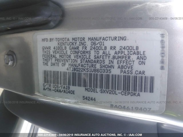 4T1BG22K51U860335 - 2001 TOYOTA CAMRY CE/LE/XLE 银色 照片 9