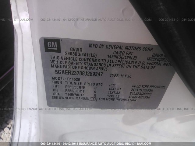 5GAER23788J289247 - 2008 BUICK ENCLAVE CXL თეთრი ფოტო 9