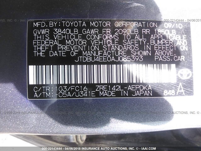 JTDBU4EE0AJ085393 - 2010 TOYOTA COROLLA S/LE/XLE GRAY photo 9