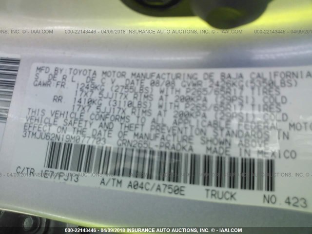 3TMJU62N19M077703 - 2009 TOYOTA TACOMA DOUBLE CAB PRERUNNER SILVER photo 9