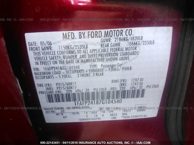 1FAFP24187G104540 - 2007 FORD FIVE HUNDRED SEL RED photo 9