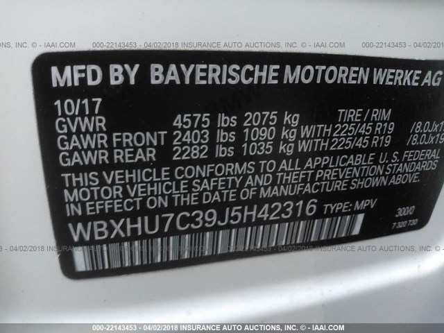 WBXHU7C39J5H42316 - 2018 BMW X1 SDRIVE28I WHITE photo 9