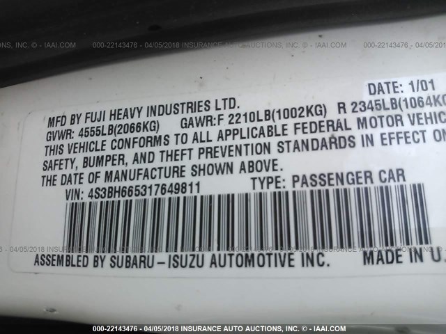 4S3BH665317649811 - 2001 SUBARU LEGACY OUTBACK WHITE photo 9