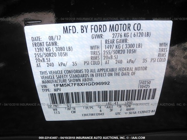 1FM5K7F8XHGD96992 - 2017 FORD EXPLORER LIMITED BLACK photo 9