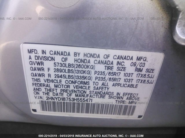 2HNYD18753H555471 - 2003 ACURA MDX TOURING SILVER photo 9