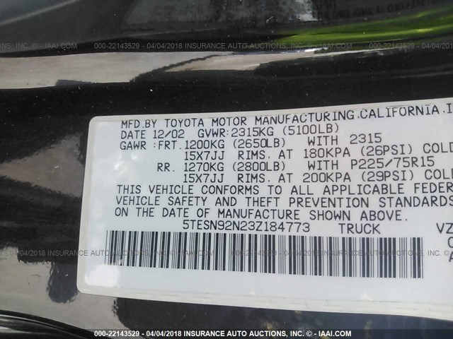 5TESN92N23Z184773 - 2003 TOYOTA TACOMA XTRACAB PRERUNNER შავი ფოტო 9
