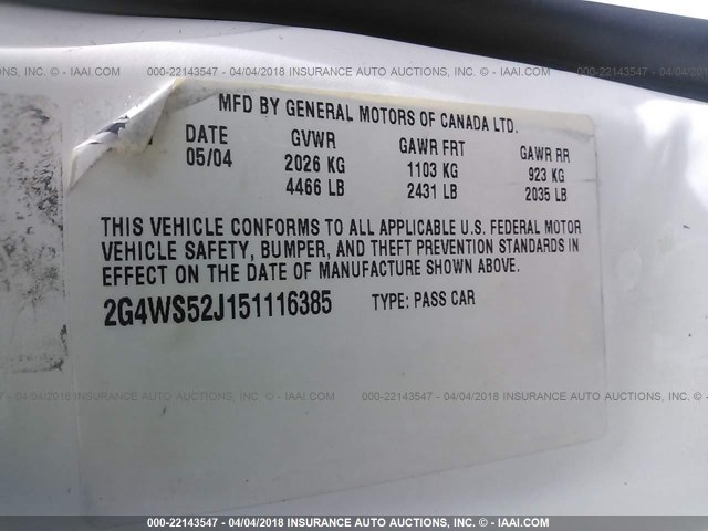 2G4WS52J151116385 - 2005 BUICK CENTURY CUSTOM WHITE photo 9