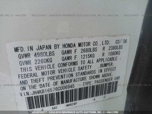 JH4KB16576C006945 - 2006 ACURA RL WHITE photo 9