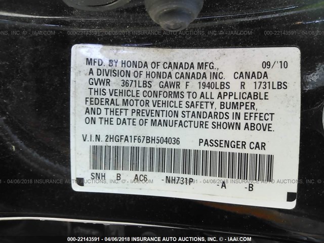 2HGFA1F67BH504036 - 2011 HONDA CIVIC LX-S 黑色 照片 9