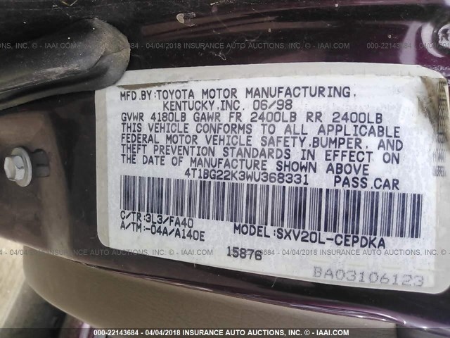 4T1BG22K3WU368331 - 1998 TOYOTA CAMRY CE/LE/XLE BURGUNDY photo 9
