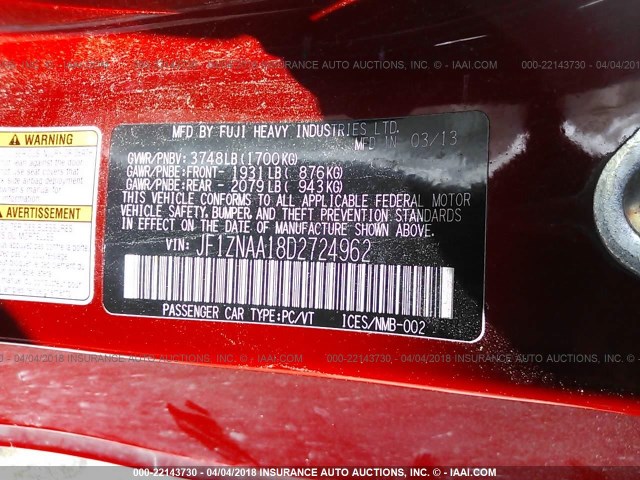 JF1ZNAA18D2724962 - 2013 TOYOTA SCION FR-S RED photo 9