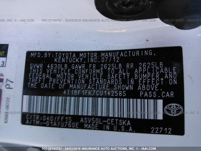 4T1BF1FK7CU142585 - 2012 TOYOTA CAMRY SE/LE/XLE WHITE photo 9