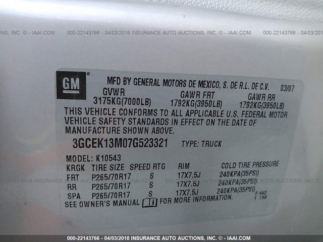 3GCEK13M07G523321 - 2007 CHEVROLET SILVERADO K1500 CREW CAB BEIGE photo 9