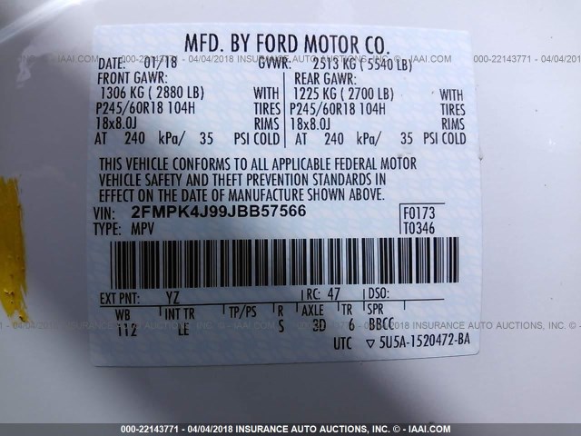 2FMPK4J99JBB57566 - 2018 FORD EDGE SEL WHITE photo 9