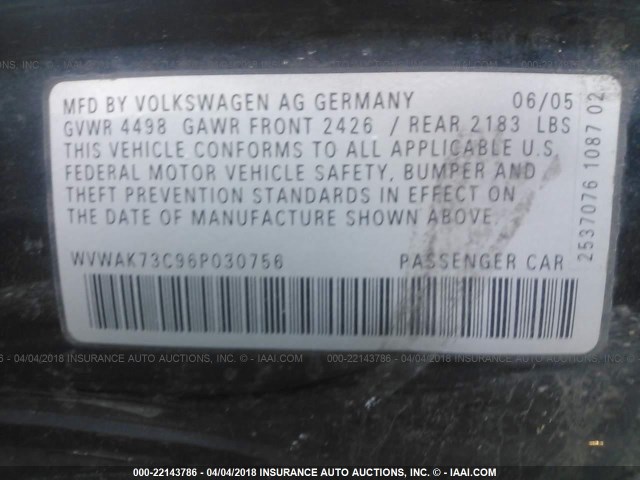 WVWAK73C96P030756 - 2006 VOLKSWAGEN PASSAT 2.0T/2.0T VALUE BLUE photo 9