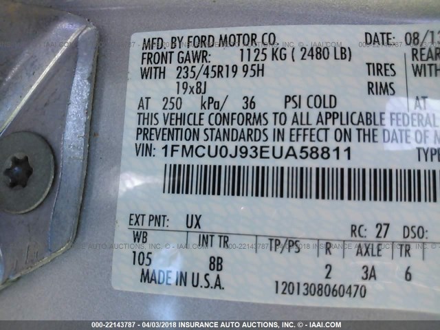 1FMCU0J93EUA58811 - 2014 FORD ESCAPE TITANIUM SILVER photo 9