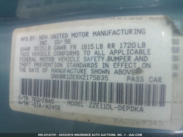 1NXBR12E8XZ175835 - 1999 TOYOTA COROLLA VE/CE/LE 蓝色 照片 9